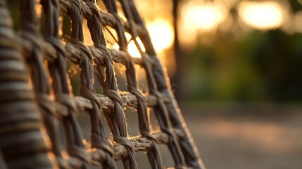 Poster - Close-up view of woven rattan texture, illuminated by warm sunset light, creating a detailed pattern of natural fibers and shadows. : Generative AI