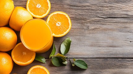 Aufkleber - A glass of fresh orange juice sits on a rustic wooden table, surrounded by whole oranges and orange slices, along with vibrant green leaves. : Generative AI