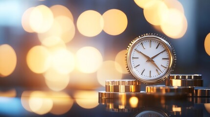 Fototapete - A gold clock rests on a stack of gold coins, set against a bokeh background of warm, blurry lights.  The image evokes themes of time, money, and wealth. : Generative AI