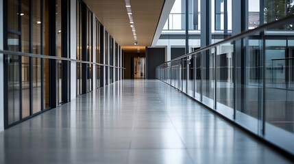 Fototapete - Modern office hallway with glass walls and polished floor, reflecting light and architecture. Clean lines, minimalist design, contemporary workspace. : Generative AI