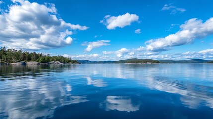 Poster - Serene lake landscape with cumulus clouds reflected in calm water, showcasing a tranquil shoreline with lush green pine trees and distant hills under a vibrant blue sky. : Generative AI