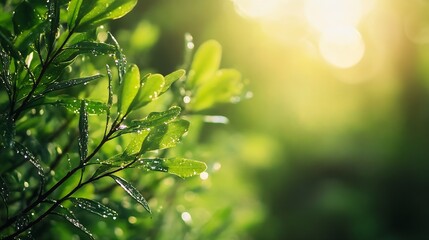 Poster - Close-up of vibrant green leaves glistening with morning dew, sunlight filtering through the foliage, creating a serene and peaceful natural scene. : Generative AI