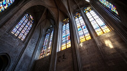 Poster - Gothic church interior with vibrant stained glass windows illuminating the stone walls, creating a dramatic and spiritual atmosphere. : Generative AI