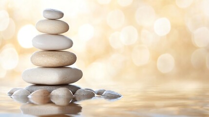 Leinwandbilder - Serene Stack of Smooth, Pale Stones Resting on Calm Water, Golden Bokeh Background, Spa, Wellness, Balance Concept : Generative AI