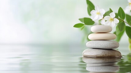 Poster - Serene spa scene: three smooth stones balanced in calm water, delicate white blossoms and lush green leaves create a tranquil atmosphere. : Generative AI