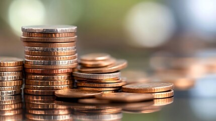 Poster - Close-up view of several stacks of copper and silver coins, reflecting on a dark surface against a blurred green background, illustrating financial growth or savings. : Generative AI