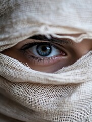 Poster - Close-up of a woman's eye peeking from behind a beige, textured fabric, creating a mysterious and intriguing visual. : Generative AI