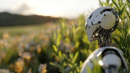 Poster - A futuristic white robot stands amidst a sunlit field of green plants and flowers, its metallic body gleaming softly in the evening light, a serene landscape backdrop. : Generative AI