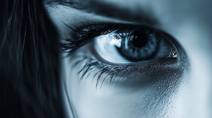 Poster - Close-up of a woman's eye, showcasing detailed eyelashes and a captivating blue iris. The image evokes a sense of mystery and depth, with a cool, monochromatic color palette. : Generative AI