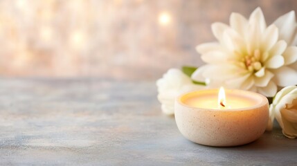 Aufkleber - A lit candle in a beige holder sits on a gray surface, next to white flowers, with a soft, blurred, golden background. : Generative AI