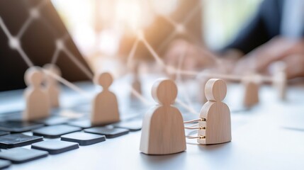 Fototapete - Wooden figures representing network connection, symbolizing teamwork and collaboration in a modern office setting, with blurred background of laptop and graphs. : Generative AI