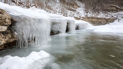 Poster - Frozen waterfall cascading over icy rocks, winter landscape scene with snow and partially frozen river, natural ice formations, cold weather, tranquil nature photography. : Generative AI
