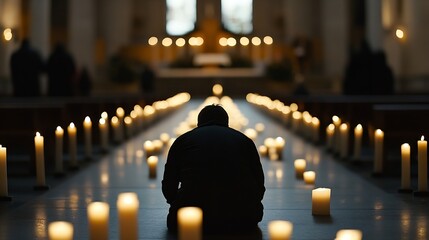 Leinwandbilder - A lone figure kneels in prayer amidst a pathway of illuminated candles within a dimly lit church, creating a serene and contemplative atmosphere. : Generative AI