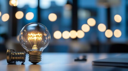 Aufkleber - A glowing vintage light bulb rests on a table, its warm light contrasting against a blurred background of soft blue hues and bokeh lights, suggesting ideas and inspiration. : Generative AI