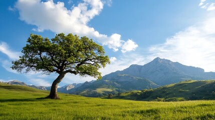 Aufkleber - Solitary oak tree on a verdant meadow, majestic mountains under a bright blue sky with fluffy clouds; idyllic summer landscape. : Generative AI