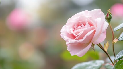 Aufkleber - A single, delicate pink rose blossom, showcasing its soft petals and gentle dew drops, stands out against a blurred background of greenery and other roses. : Generative AI