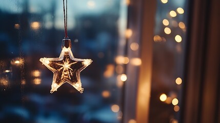 Poster - Illuminated glass star ornament hangs in a window, softly glowing against a blurred background of warm, festive lights and a twilight cityscape. : Generative AI