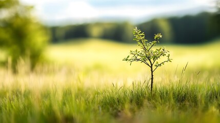 Aufkleber - A small sapling tree stands tall in a vibrant green field, bathed in soft sunlight against a blurred backdrop of trees and hills.  The scene evokes feelings of growth, nature, and tran : Generative AI