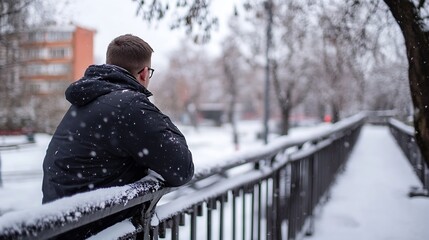 Aufkleber - A young man in a black winter jacket stands by a snow-covered railing, gazing at a softly falling snow in a city park.  The background is blurred, showing snow-covered trees and buildi : Generative AI
