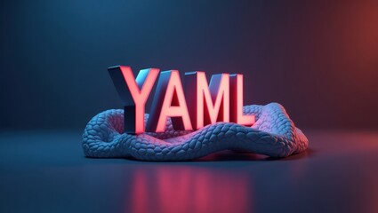 YAML. 3D blue knitted snake wrapped around glowing red and pink YAML letters, technology programming concept, futuristic digital background with dark gradient lighting for software development projec