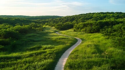 Aufkleber - A winding path meanders through a vibrant green meadow, surrounded by lush, verdant hills and a dense forest under a bright, sunny sky. : Generative AI