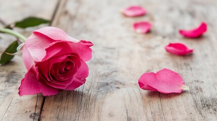 Poster - Single pink rose with scattered petals rests on weathered wooden surface, creating a romantic and delicate scene. : Generative AI