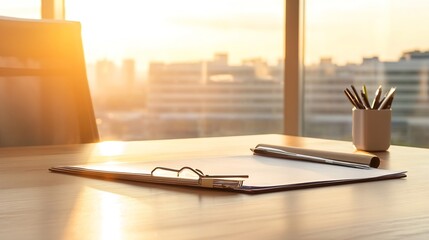 Poster - Sunrise illuminates a modern office desk with a clipboard, pen, and eyeglasses, overlooking a city skyline. : Generative AI