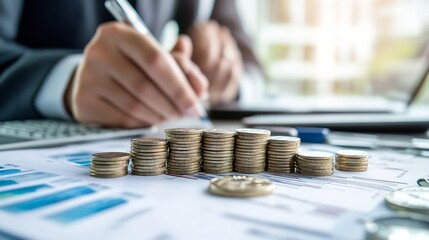 Poster - Businessperson reviewing financial documents with stacks of coins representing growth and financial success, showcasing a concept of investment and wealth management. : Generative AI