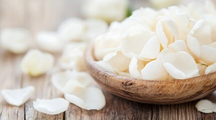 Aufkleber - Close-up of delicate white rose petals in a rustic wooden bowl, scattered petals on a wooden surface, soft light, romantic mood. : Generative AI