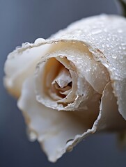 Poster - Close-up view of a single white rose petal, glistening with water droplets, showcasing its delicate texture and soft, creamy color against a muted gray backdrop. : Generative AI