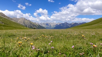 Aufkleber - Alpine meadow wildflowers bloom vibrantly under a bright summer sky, majestic mountains form a breathtaking backdrop. : Generative AI