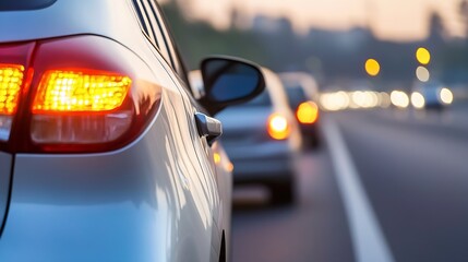 Poster - Close-up view of a silver car's taillight, illuminated, during a traffic jam at sunset, with blurred background of other vehicles and city lights. : Generative AI