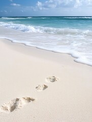 Poster - Tranquil beach scene with gentle waves lapping a pristine white sand shore, showcasing three footprints leading towards the ocean under a bright, sunny sky. : Generative AI