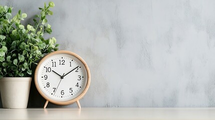 Poster - A minimalist scene featuring a wooden clock and a potted plant against a textured grey wall, perfect for home decor or time management concepts. : Generative AI