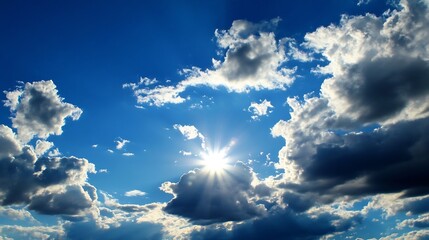 Aufkleber - Bright sun rays bursting through fluffy cumulus clouds in a vibrant blue sky, creating a dramatic and beautiful natural scene. : Generative AI