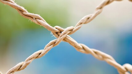 Fototapete - Close-up of intertwined beige rope strands, creating a textured x-shaped pattern against a blurred green and blue background.  The image evokes feelings of connection and strength. : Generative AI