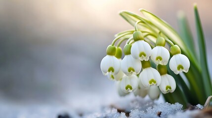 Poster - Close-up of delicate snowdrops emerging from melting snow, showcasing their pristine white petals and vibrant green stems in soft sunlight. : Generative AI