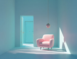 Aufkleber - Pastel pink armchair in a minimalist light blue room with an open door and a pendant lamp, creating a serene and modern interior design.