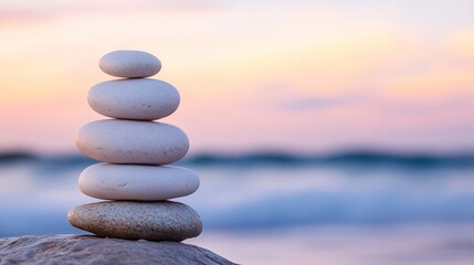Poster - Serene Stack of White Stones at Sunset, Peaceful Ocean Background, Zen Meditation Concept, Balanced Rocks on Beach : Generative AI