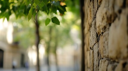 Aufkleber - Close-up of green leaves overhanging a rustic stone wall, with a blurred background suggesting a sunlit city street. : Generative AI