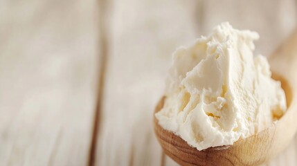 Aufkleber - Close-up of creamy vanilla ice cream scoop in a wooden spoon, resting on a blurred light wood surface.  The texture is smooth and inviting, perfect for dessert or culinary applications : Generative AI