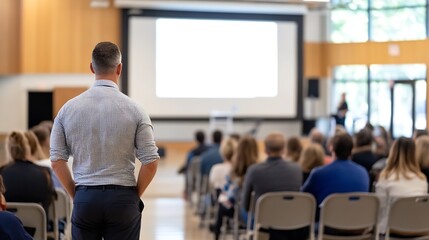 Aufkleber - A businessman stands with his back to the camera, observing a large audience seated in a conference hall during a presentation. The projector screen is blank. : Generative AI