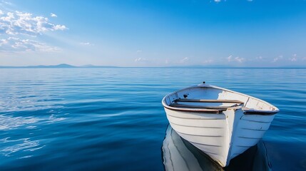 Poster - Serene summer day at the lake, a small white rowboat floats gently on calm blue water, under a clear sky with fluffy clouds and distant mountains. : Generative AI