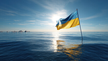Poster - A Ukrainian flag, gently waving, stands tall in the vast, tranquil ocean under a bright, sunny sky; small ice floes are visible in the distance.
