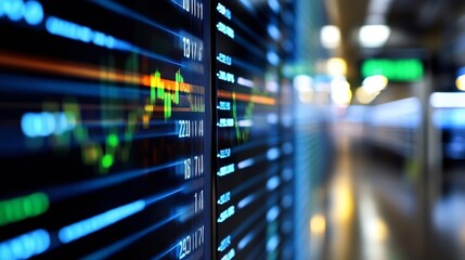 Leinwandbilder - Close-up view of a digital stock ticker displaying financial data, numbers, and graphs with a blurred city background at night. : Generative AI