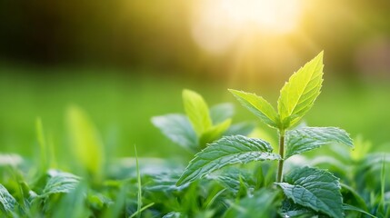 Poster - Close-up view of vibrant green mint plant leaves illuminated by sunlight, showcasing their texture and detail against a blurred natural background. : Generative AI