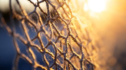 Leinwandbilder - Close-up of a textured jute net at sunset, golden light illuminating the intricate woven fibers, creating a warm and inviting atmosphere. : Generative AI