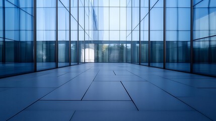 Aufkleber - Modern glass building exterior with a blue-toned tiled floor, showcasing a perspective view of the architectural structure and its reflective surfaces. : Generative AI