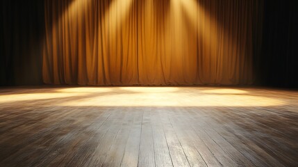 Poster - Empty stage with golden curtains and warm lighting, perfect for theatrical presentations or performance announcements.  The wooden floor reflects the spotlights. : Generative AI