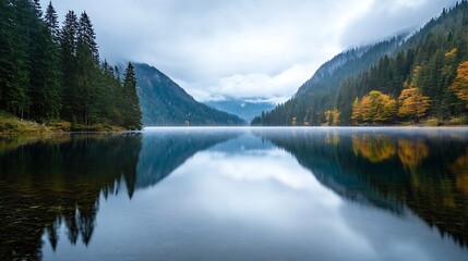 Poster - Serene mountain lake reflecting autumnal colors and mist-covered peaks under a tranquil sky, creating a picturesque landscape. : Generative AI